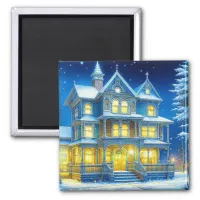 Joyeux No&#235;l Pretty Blue Christmas House Magnet