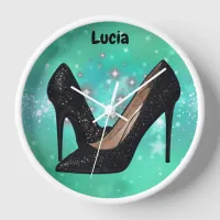 Black Glitter High Heel Shoe on Green | Clock