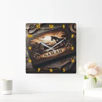 Custom Wood Carving of Horse and Barn at Sunset Square Wall Clock