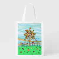  Pretty Folk Art Whimsical Autumn Tree Fall Leaves Grocery Bag