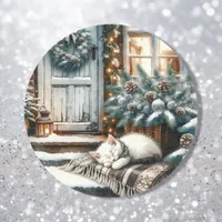 Kitten Asleep on Festive Front Porch Christmas Classic Round Sticker