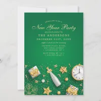 Champagne Confetti Gold Green New Year Party Invitation