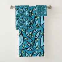 Abstract Blue Leaves Shower Curtain Bath Towel Set