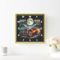 Hot rod racing in a night garage square wall clock