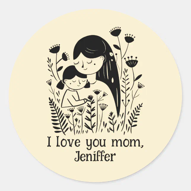 Cute Mother & Daughter Hugging Mother's Day Yellow Classic Round Sticker