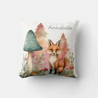 Watercolor Woodland Forest Fox and Mushrooms Throw Pillow