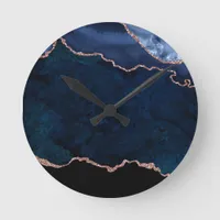 Abstract Midnight Blue Marble With Rose Gold Round Clock