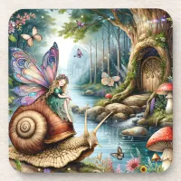 Pretty Fairy Land with cute Snail and Butterflies Beverage Coaster