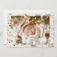 Pretty Christmas Foliage and Baby Photo Holiday Card