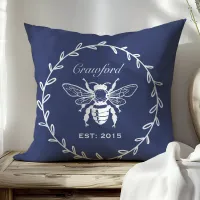 Vintage Navy Honey Bee Laurel Honeycomb Monogram Throw Pillow