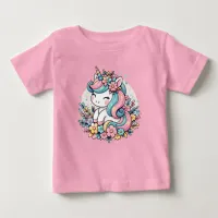 Pink and Blue Unicorn and Flowers  Baby T-Shirt