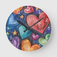 Hand Drawn Hearts & Stars Round Clock