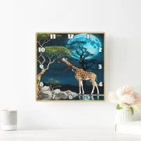 Giraffe by the Lake Under a Full Moon Night Square Wall Clock