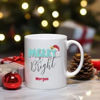 Merry & Bright Christmas Blue Red Festive Add Name Coffee Mug