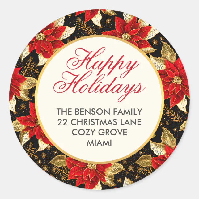 Red Poinsettia Flower Happy Holidays Christmas Classic Round Sticker