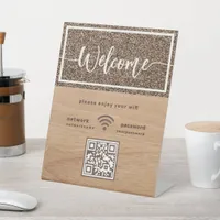 Rustic Welcome Script WIFI QR Code Wood Grain Pedestal Sign