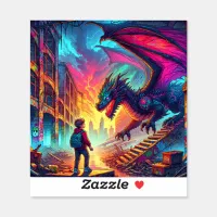 Boy Encounters a Dragon in a Dystopian World Sticker