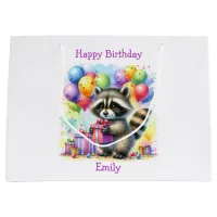 Cute Cartoon Raccoon Birthday Personalized Large Gift Bag