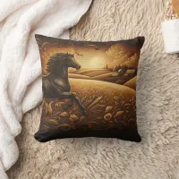 Galloping Horse Through Golden Fields at Sunset Throw Pillow