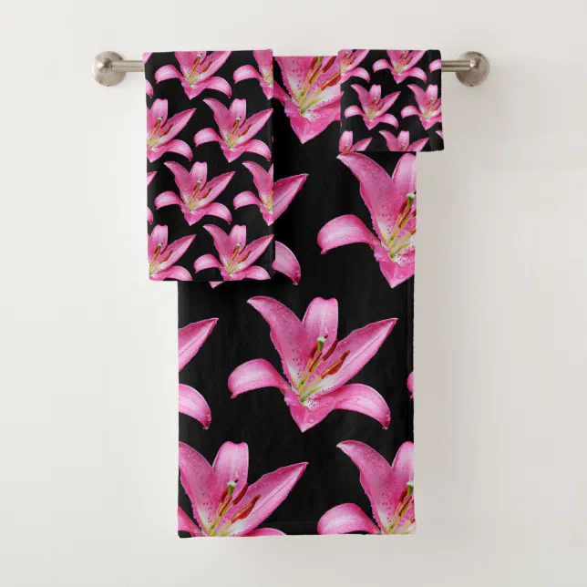 Elegant Pink Oriental Lily Lilium Stargazer Flower Bath Towel Set