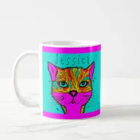 Custom Name Funky Colorful Cat Purple Teal Coffee Mug