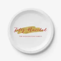 Festive Feliz Navidad Gold Foil Brush Christmas Paper Plates