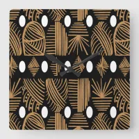 Caribbean Tribal Mudcloth: Black, White, Gold Square Wall Clock