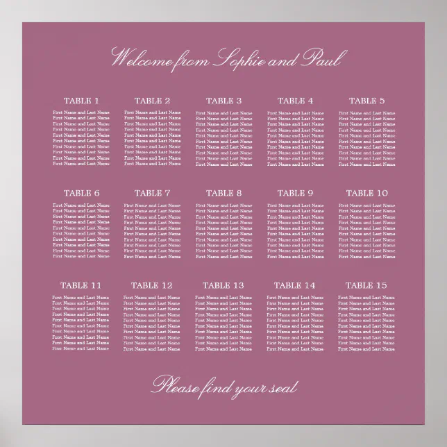 Mauve 15 Table Wedding Seating Chart Poster