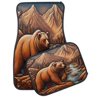 Leather-Style Bear in Scenic Landscape Car Floor Mat