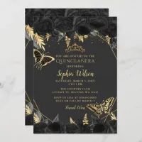 Elegant Black  Gold Floral Butterfly Quincea&#241;era Invitation