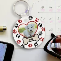 Cute Pet Dog Photo Heart Red & Black Paws Pattern Keychain