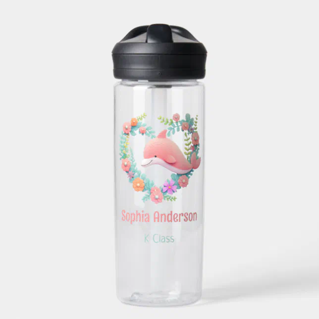 Floral Whale Heart Love Back To School Name Water Bottle