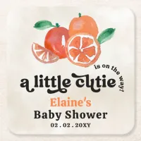 A Little Cutie Is On The Way Orange Baby Shower  Square Paper Coaster