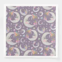 Man in Moon Stars Flowers Lavender Baby Shower Paper Dinner Napkins