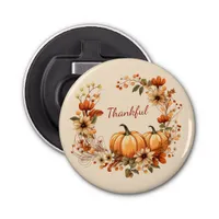 Thankful Pumpkin and Autumn Flowers Wreath Bottle Opener