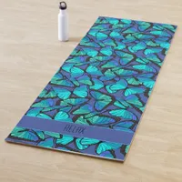 Colorful Aqua and Midnight Blue Butterfly Pattern Yoga Mat