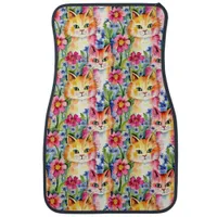 Whimsical Watercolor Flowers and Cats Colorful Car Floor Mat