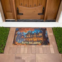 Spooky villa in the forest, pumpkins, Halloween Doormat