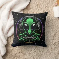 Alien Playing Video Games with Star Background Throw Pillow