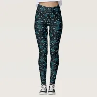 Elegant Flowery Black and Teal Damask Leggings