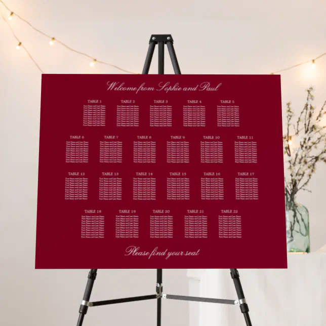 Burgundy 22 Table Wedding Seating Chart Foam Board