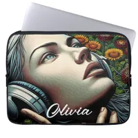 Beautiful Woman with Headphones in Sunflowers Laptop Sleeve