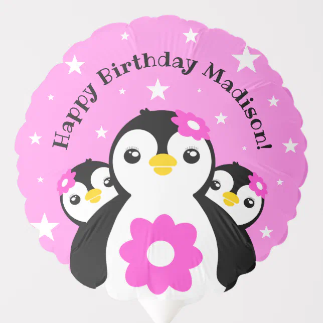 Cute Happy Birthday Girl Penguins Pink Flowers Balloon