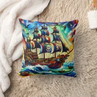 Pirate Ship Battling Stormy Seas at Dusk Throw Pillow