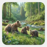 Cute Brown Bears Playing in the Forest Square Sticker