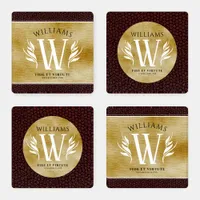 Elegant Leather Leaf & Vintage Paper Surname Motto Coaster Set