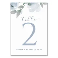 Wedding Soft Watercolor Floral Bouquet Dusty Blue Table Number