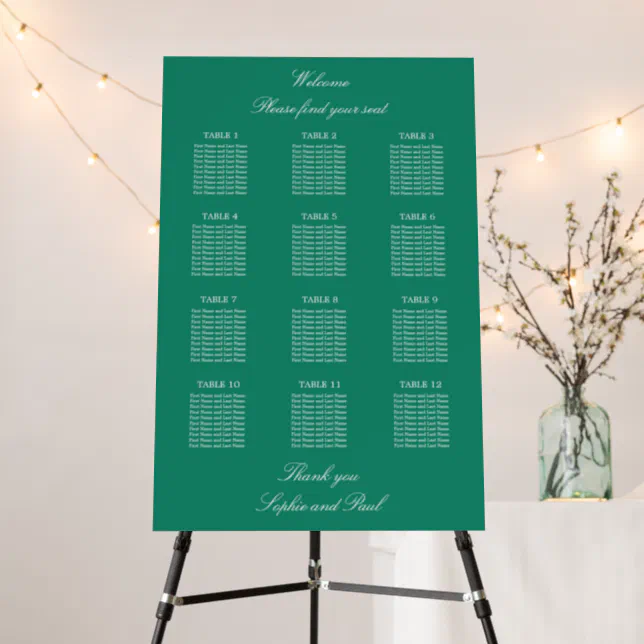 Emerald 12 Table Wedding Seating Chart Foam Board