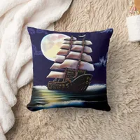 Illuminated Ship on the Ocean under the Moon Throw Pillow