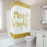 Merry and Bright Faux Gold Typography Christmas Shower Curtain